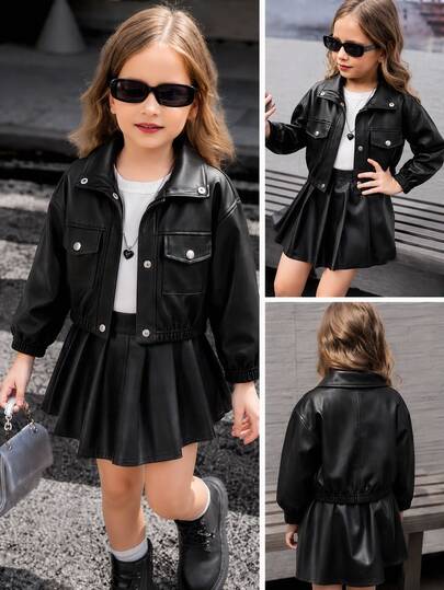 Girls' Loose Fit Brown Fashion Streetwear Leather Jacket