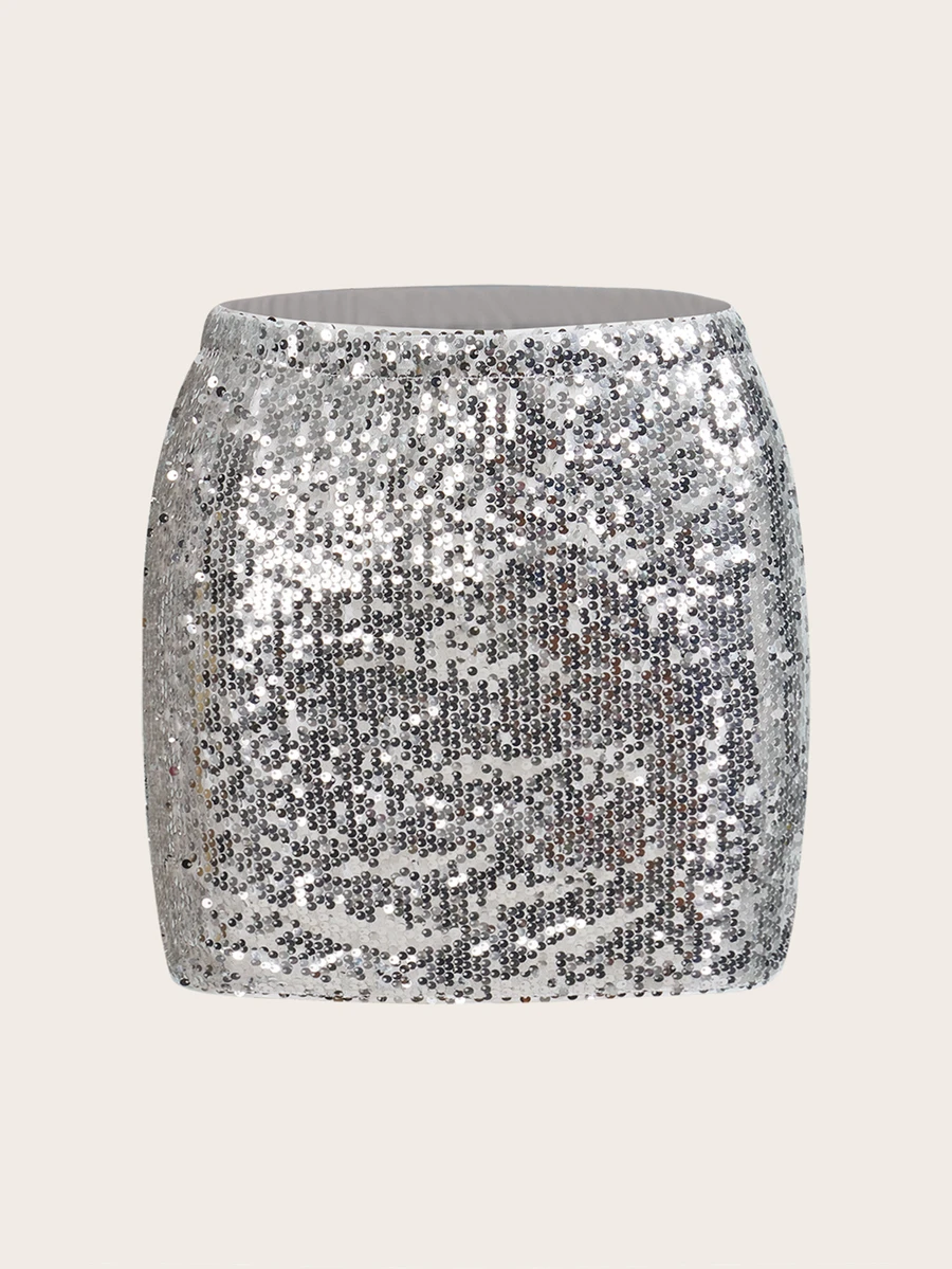 SHEIN ICON Silver Sequin Bodycon Mini Skirt - Silver - View 1