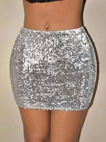 SHEIN ICON Silver Sequin Bodycon Mini Skirt - Silver - View 5