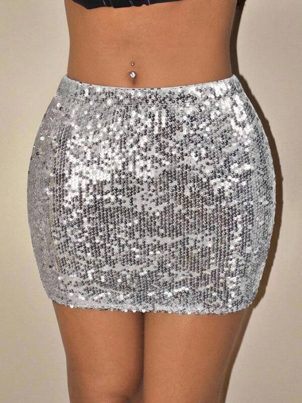 SHEIN ICON Silver Sequin Bodycon Mini Skirt