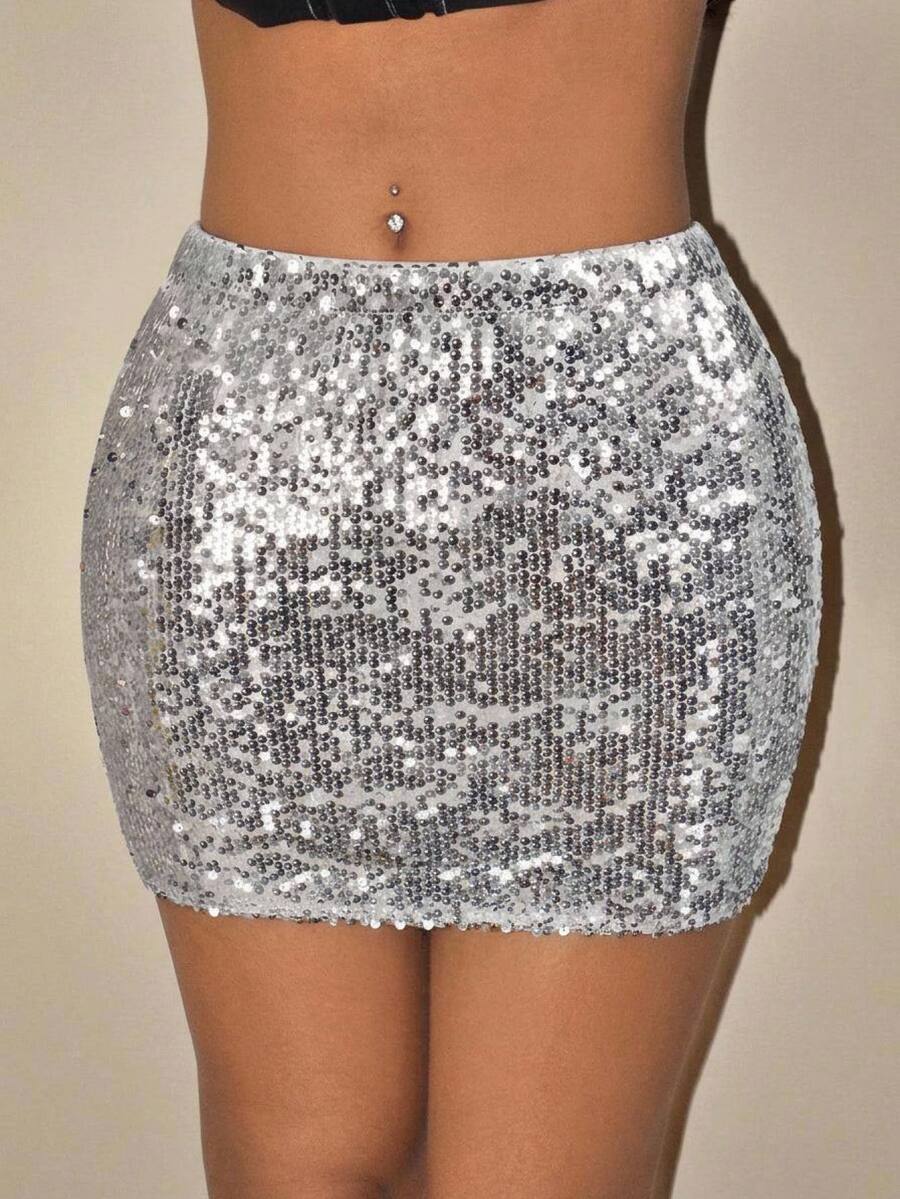 SHEIN ICON Silver Sequin Bodycon Mini Skirt - Silver - View 1