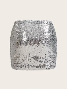 SHEIN ICON Silver Sequin Bodycon Mini Skirt - Silver - View 2