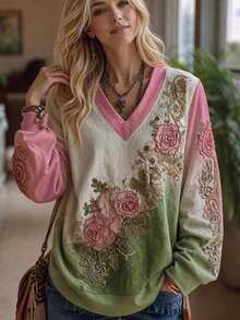 Selamara Spring/Autumn Casual Gradient Print Jacquard T-Shirt - Multicolor - View 3