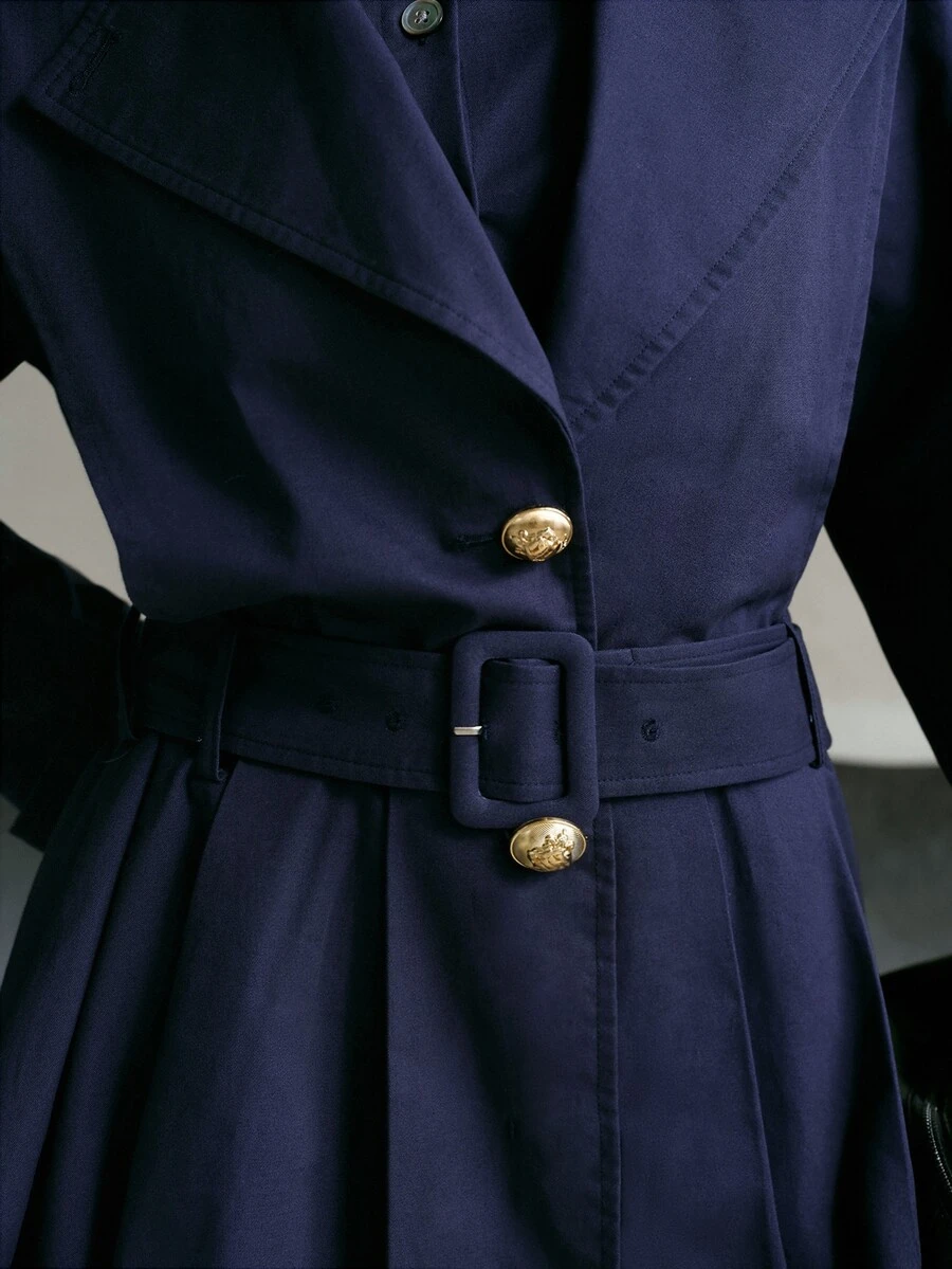 MOTF PREMIUM WOMEN'S AUTUMN TRENCH COAT STYLE BUCKLE BELTED SHORT DRESS - Navy Blue - View 2