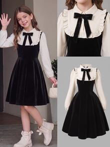 SHEIN 青少年女孩 2合1 絲絨長袖洋裝，黑色杏色拼接 A字迷你洋裝，休閒可愛優雅公主風，秋冬派對白色 - 黑色 - 查看 3
