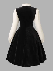 SHEIN 青少年女孩 2合1 絲絨長袖洋裝，黑色杏色拼接 A字迷你洋裝，休閒可愛優雅公主風，秋冬派對白色 - 黑色 - 查看 2