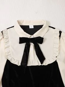 SHEIN 青少年女孩 2合1 絲絨長袖洋裝，黑色杏色拼接 A字迷你洋裝，休閒可愛優雅公主風，秋冬派對白色 - 黑色 - 查看 4