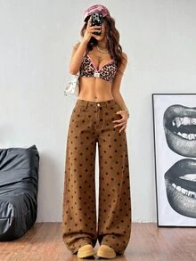 Coolane 女款棕色波點圖案口袋寬腿鬆垮休閒復古 80 年代街頭牛仔褲 夏季牛仔女郎穿搭 萬聖節 返校季 秋季 - 棕色 - 查看 3