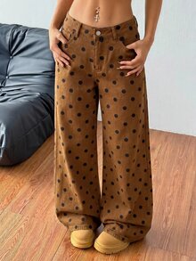 Coolane 女款棕色波點圖案口袋寬腿鬆垮休閒復古 80 年代街頭牛仔褲 夏季牛仔女郎穿搭 萬聖節 返校季 秋季 - 棕色 - 查看 8