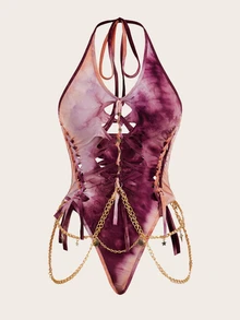SHEIN ICON Women's Tie Dye Halter Neck Woven Chain Detail Bodysuit Purple - Purple - View 1