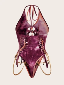 SHEIN ICON Women's Tie Dye Halter Neck Woven Chain Detail Bodysuit Purple - Purple - View 2