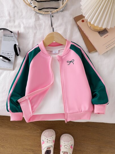 Young Girls Fashion Colorblock Letter Print Short Loose Fit Long Sleeve Stand Collar Zip-Up Motorcycle Baseball Jacket, Suitable For Autumn