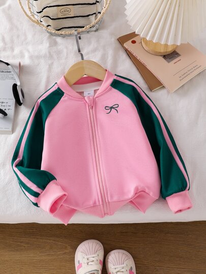 Young Girls Fashion Colorblock Letter Print Short Loose Fit Long Sleeve Stand Collar Zip-Up Motorcycle Baseball Jacket, Suitable For Autumn