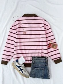 Girlism 青少年女孩對比條紋印花刺繡細節對比 Polo 領落肩衛衣 - 粉色 - 查看 2