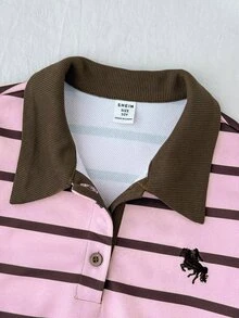 Girlism 青少年女孩對比條紋印花刺繡細節對比 Polo 領落肩衛衣 - 粉色 - 查看 5