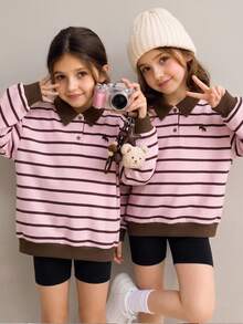 Girlism 青少年女孩對比條紋印花刺繡細節對比 Polo 領落肩衛衣 - 粉色 - 查看 1