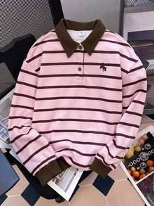 Girlism 青少年女孩對比條紋印花刺繡細節對比 Polo 領落肩衛衣 - 粉色 - 查看 3