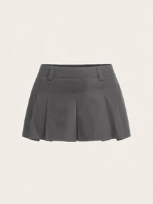 SHEIN ICON 夏季休闲超低腰实用百褶中长裙 - 灰色 - 查看 1