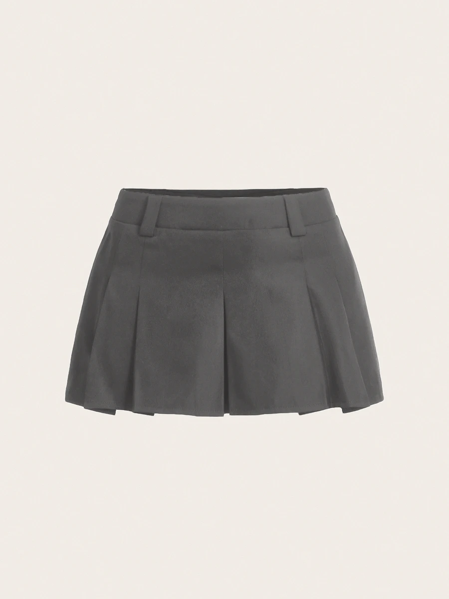 SHEIN ICON 夏季休闲超低腰实用百褶中长裙 - 灰色 - 查看 1
