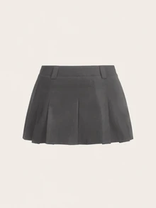 SHEIN ICON 夏季休闲超低腰实用百褶中长裙 - 灰色 - 查看 2