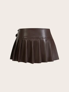 SHEIN ICON 低腰双带褶皱开衩中裙，简约休闲日常穿搭 - 咖啡棕 - 查看 2