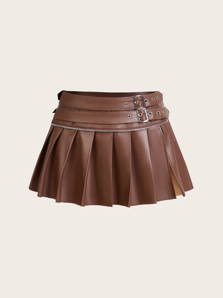 SHEIN ICON 时尚低腰双腰带百褶开叉裙 - 咖啡棕 - 查看 1