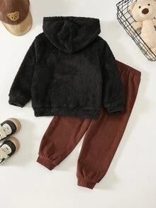 SHEIN 2件組小男孩休閒學院風舒適時尚極簡實用百搭保暖內裡加厚可愛熊卡通圖案絨毛衛衣與長褲 - 彩色 - 查看 2