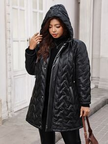 Reflora Plus Size Winter Fashion Versatile Hooded Jacket - Black - View 3