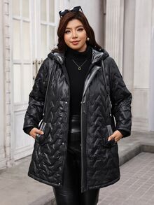 Reflora Plus Size Winter Fashion Versatile Hooded Jacket - Black - View 7
