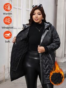 Reflora Plus Size Winter Fashion Versatile Hooded Jacket - Black - View 1