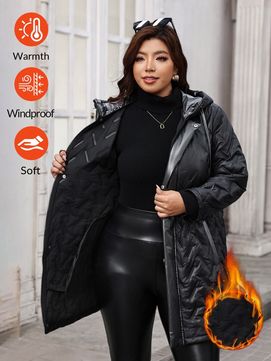 Reflora Plus Size Winter Fashion Versatile Hooded Jacket - Black - View 1