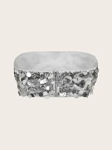 SHEIN ICON Silver Sequin Decor Tube Top - Silver - View 2