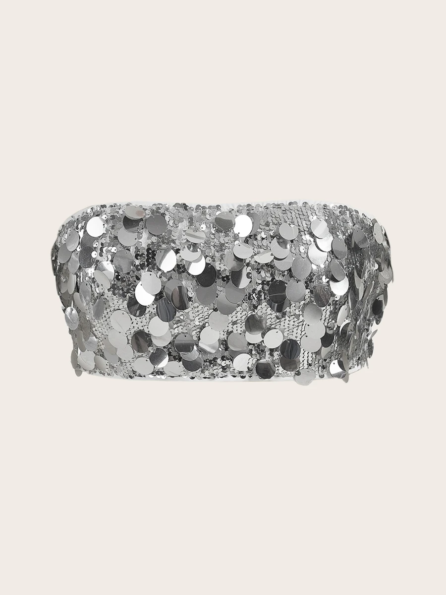 SHEIN ICON Silver Sequin Decor Tube Top - Silver - View 1