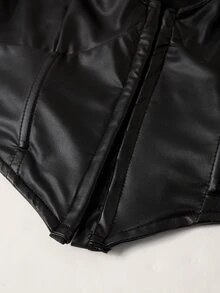 SHEIN ICON 掛鉤和環剪裁PU皮革前開衩黑色短袖上衣 - 黑色 - 查看 4