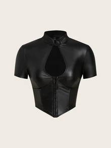 SHEIN ICON 掛鉤和環剪裁PU皮革前開衩黑色短袖上衣 - 黑色 - 查看 1
