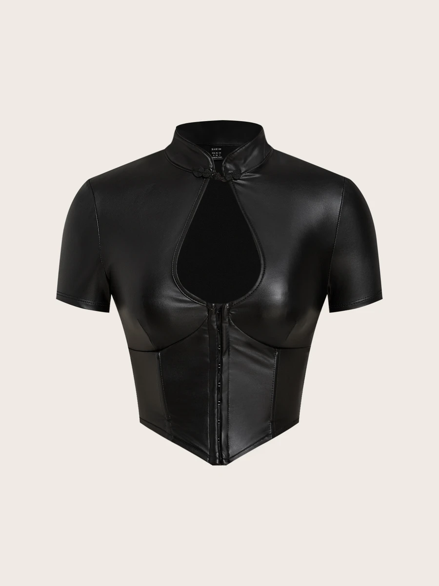 SHEIN ICON 掛鉤和環剪裁PU皮革前開衩黑色短袖上衣 - 黑色 - 查看 1