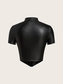SHEIN ICON 掛鉤和環剪裁PU皮革前開衩黑色短袖上衣 - 黑色 - 查看 2
