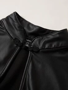 SHEIN ICON 掛鉤和環剪裁PU皮革前開衩黑色短袖上衣 - 黑色 - 查看 3
