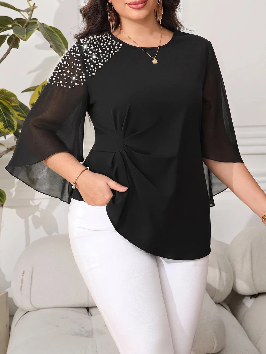 Reflora Plus Size Women's Faux Pearl Decor Casual Daily Wear Blouse