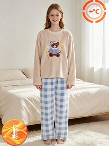 青少年女孩可愛熊與星星圖案長袖柔軟居家服上衣與格紋長褲睡衣套裝，兩件式舒適睡衣 - 淺藍色 - 查看 7