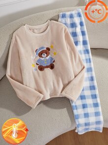 青少年女孩可愛熊與星星圖案長袖柔軟居家服上衣與格紋長褲睡衣套裝，兩件式舒適睡衣 - 淺藍色 - 查看 3