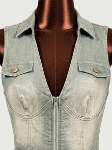 Mistrie Women's Fall Casual Sexy Washed Sleeveless Slim Fit Denim Dress Going Out Club Dusty Blue - Olive Green - View 4