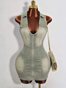 Mistrie Women's Fall Casual Sexy Washed Sleeveless Slim Fit Denim Dress Going Out Club Dusty Blue - Olive Green - View 1