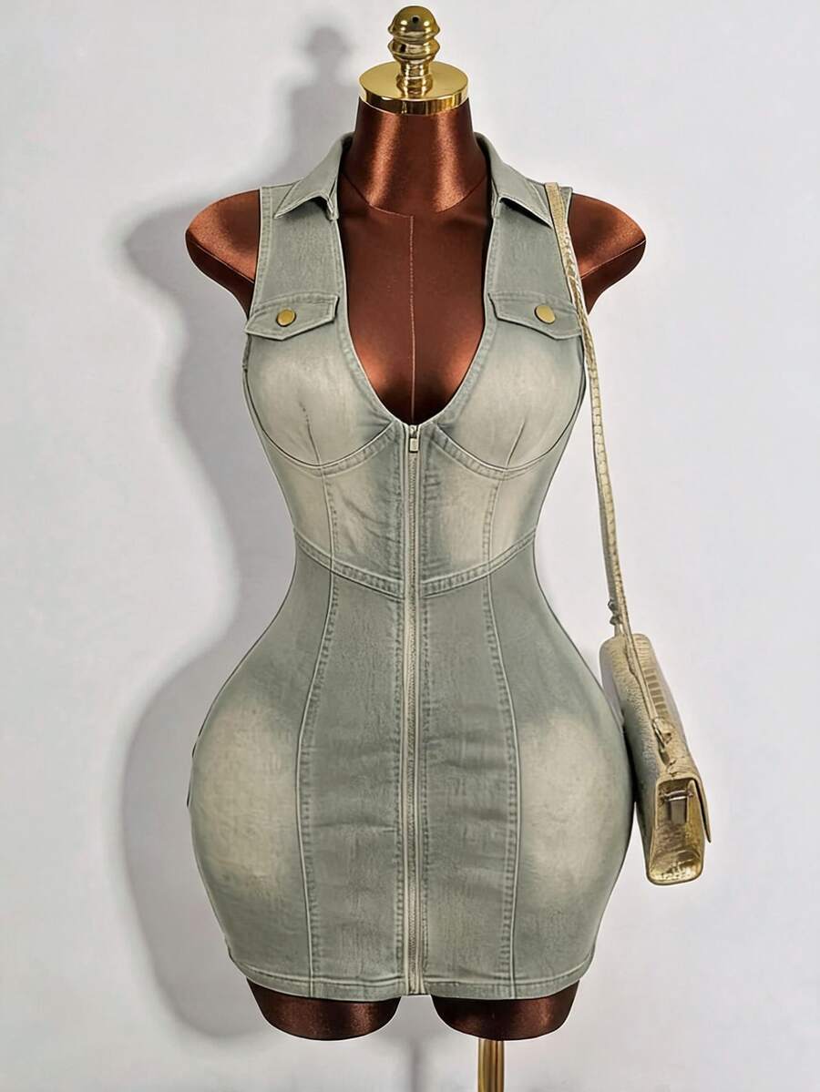 Mistrie Women's Fall Casual Sexy Washed Sleeveless Slim Fit Denim Dress Going Out Club Dusty Blue - Olive Green - View 1