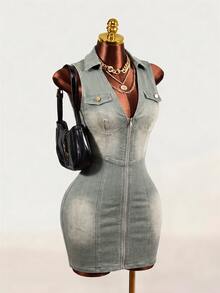 Mistrie Women's Fall Casual Sexy Washed Sleeveless Slim Fit Denim Dress Going Out Club Dusty Blue - Olive Green - View 3
