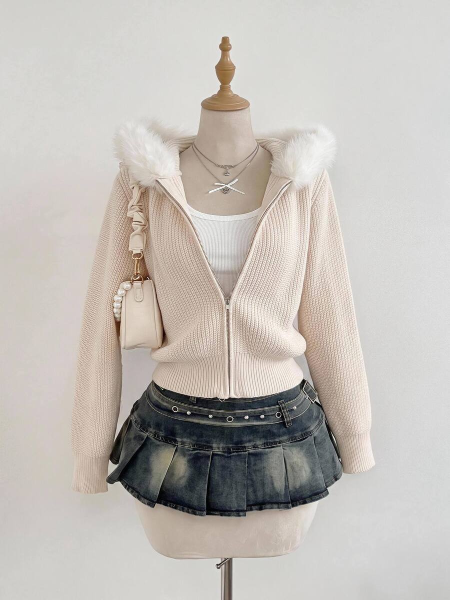 SHEIN Teen Girls Cardigans Autumn/Winter Hooded Fur Collar Slim Fit Open Front Solid Color Sweater, Autumn/Winter Girls Sweater, Suitable For Daily Casual Commute Versatile, Preppy Style Outfit, Back To School Outfit - Apricot - View 1