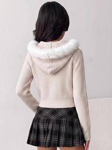SHEIN Teen Girls Cardigans Autumn/Winter Hooded Fur Collar Slim Fit Open Front Solid Color Sweater, Autumn/Winter Girls Sweater, Suitable For Daily Casual Commute Versatile, Preppy Style Outfit, Back To School Outfit - Apricot - View 4