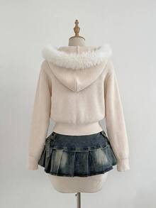 SHEIN Teen Girls Cardigans Autumn/Winter Hooded Fur Collar Slim Fit Open Front Solid Color Sweater, Autumn/Winter Girls Sweater, Suitable For Daily Casual Commute Versatile, Preppy Style Outfit, Back To School Outfit - Apricot - View 2