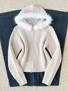 SHEIN Teen Girls Cardigans Autumn/Winter Hooded Fur Collar Slim Fit Open Front Solid Color Sweater, Autumn/Winter Girls Sweater, Suitable For Daily Casual Commute Versatile, Preppy Style Outfit, Back To School Outfit - Apricot - View 5