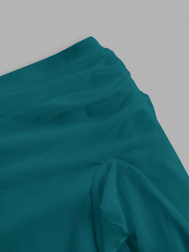 SHEIN ICON Falda A-line de moda con cintura baja, plisada, de parches, con volantes y abertura en el bajo - Agua verde azul - Añade 3